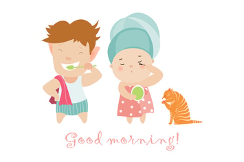 Boy brushing teeth and cute girl 