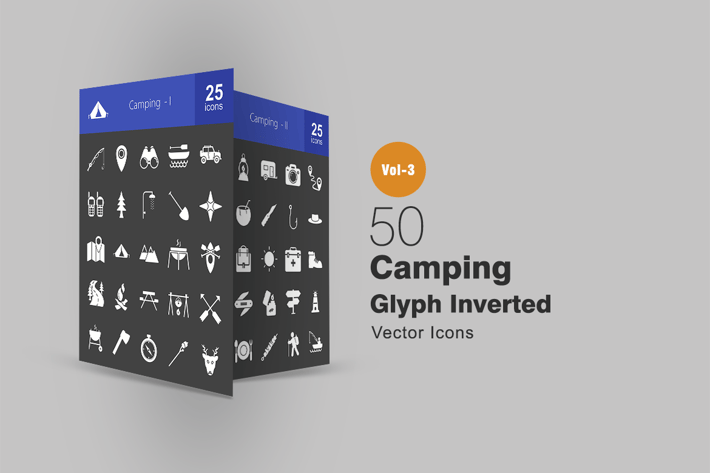 50 Camping Glyph Inverted Icons