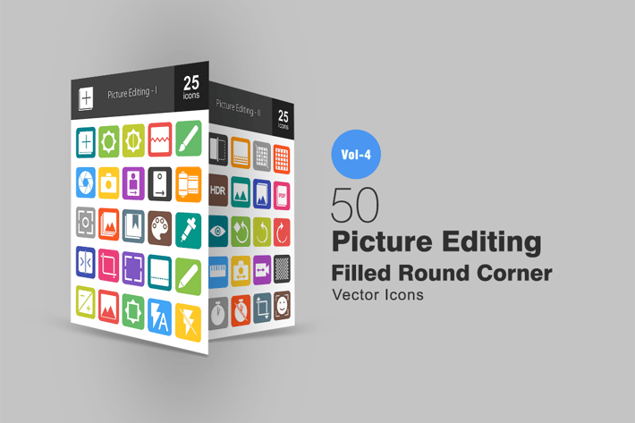 50 Picture Editing Flat Round Corner Icons