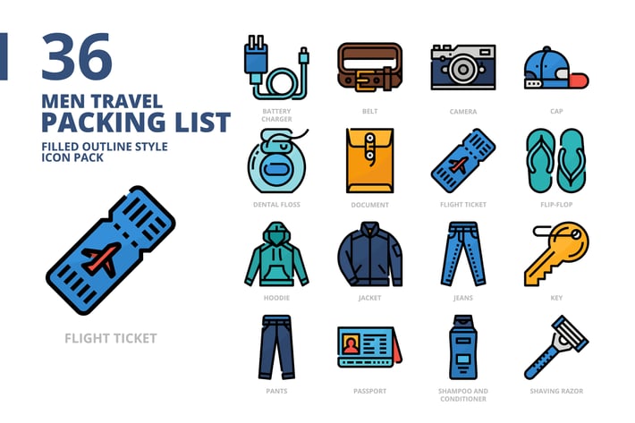 Men Travel Packing Filled Outline Style Icon Set