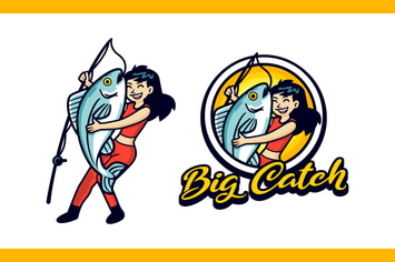 Happy Fishing Girl Character Mascot Logo