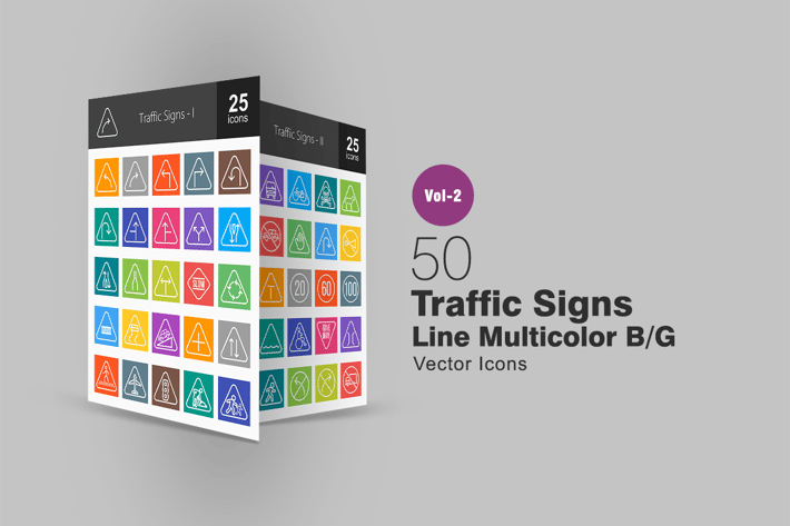 50 Traffic Signs Line Multicolor Icons