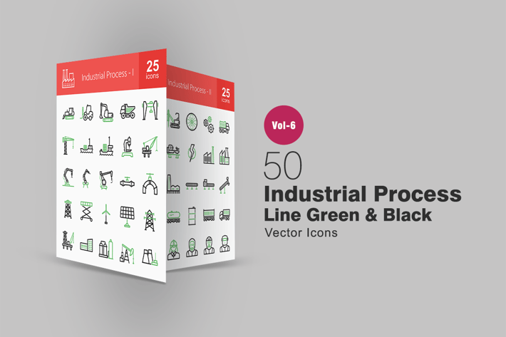 50 Industrial Process Green & Black Line Icons