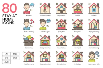 80 Stay at Home Line Icons