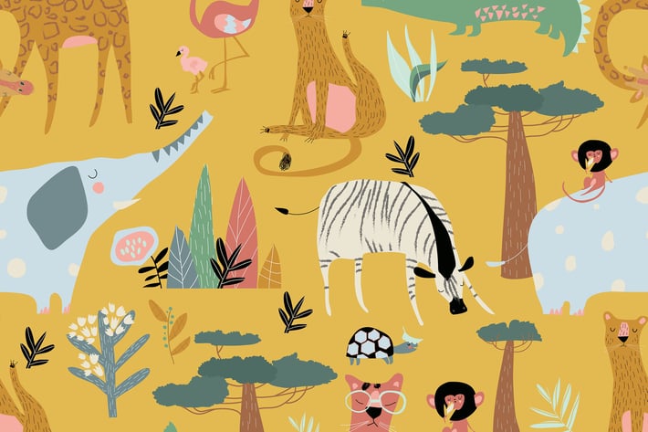 Vector seamless pattern of wild animals on yellow 