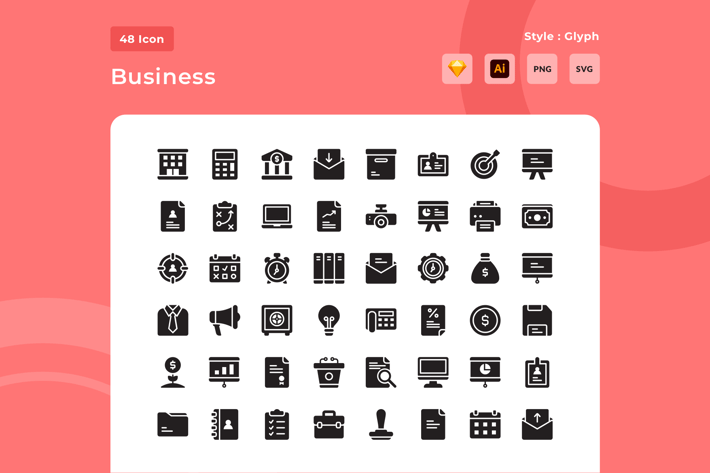 48 Business Things Glyph Style Icon Pack