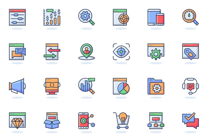 Seo Optimization Flat Line Web Icons Set