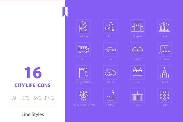 City Life Icon Set Line Styles