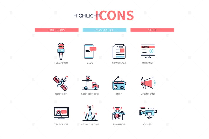 Mass media - line design style icons set