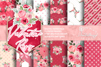 Watercolor Valentine Roses digital paper pack