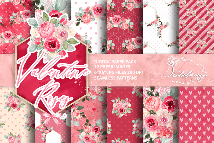 Watercolor Valentine Roses digital paper pack