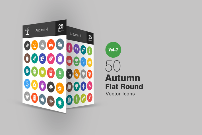 50 Autumn Flat Round Icons
