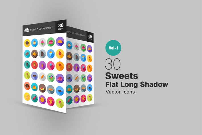 30 Sweets & Confectionery Flat Long Shadow Icons