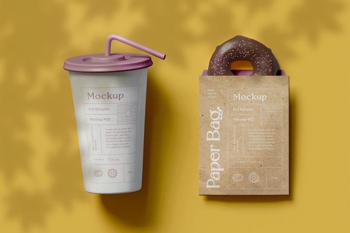 Paper Cup with Bag and Donut Mockup	