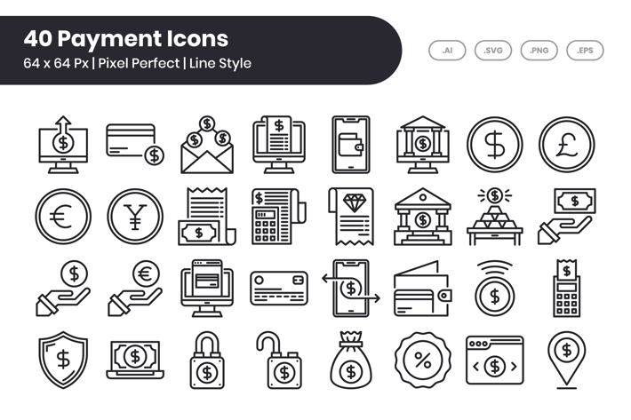 40 Payment Icons Set - Line