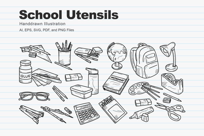 School Utensils Handdrawn Sketch
