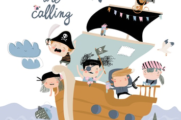 Cute pirates sailing in their ship. Vector 