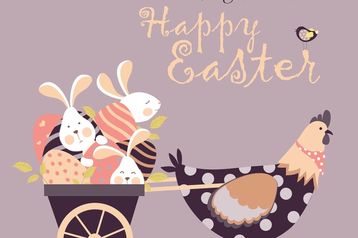 Easter bunnies,chicken and easter eggs. Vector