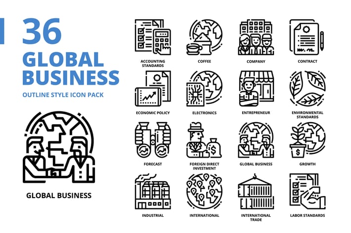 Global Business Outline Style Icon Set