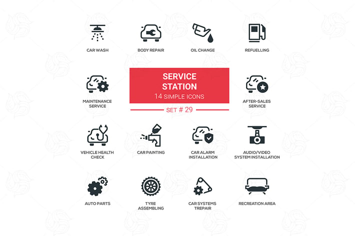 Service station - flat design style icons set