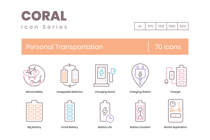 70 Personal Transportation Line Icons