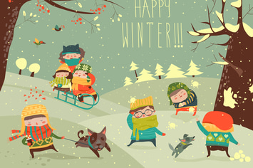 Vector illustration, cute kids playing winter game