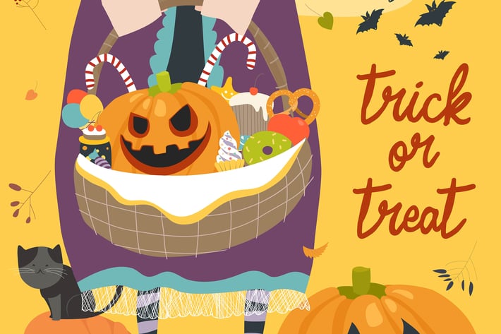 Girl holding basket with pumpkin and sweets.