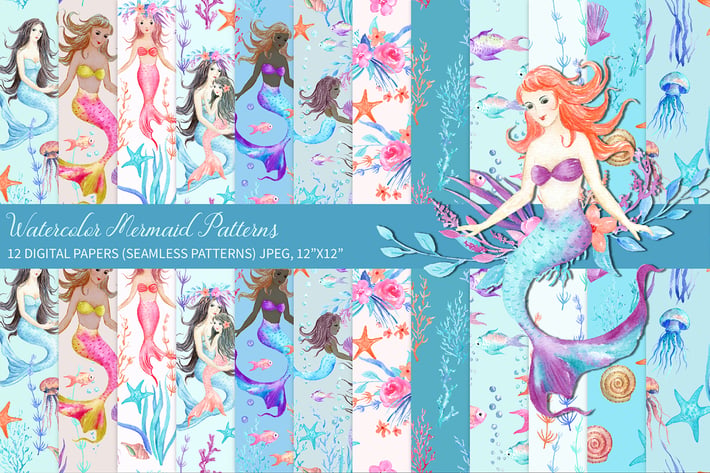 Watercolor Mermaid Digital Paper