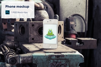 Old Phone in Old Factory PSD Mockup