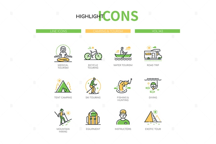 Camping and Tourism - Line Design Style Icons