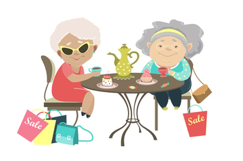 Two old women talking in a cafe after shopping. 