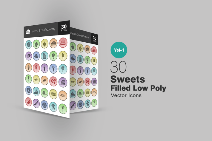 30 Sweets & Confectionery Filled Low Poly Icons