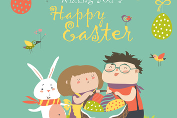 Happy children holding a basket of Easter eggs