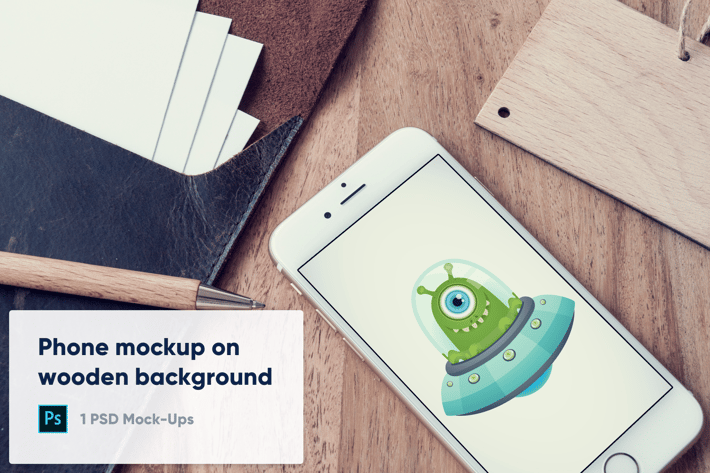 Phone on Wooden Background - PSD Mockup