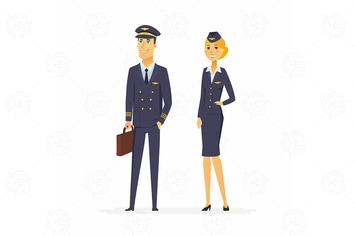 Pilot and flight attendant - cartoon characters