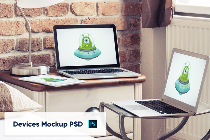 Laptops and Tablet in Luxury Interior - Mockup PSD