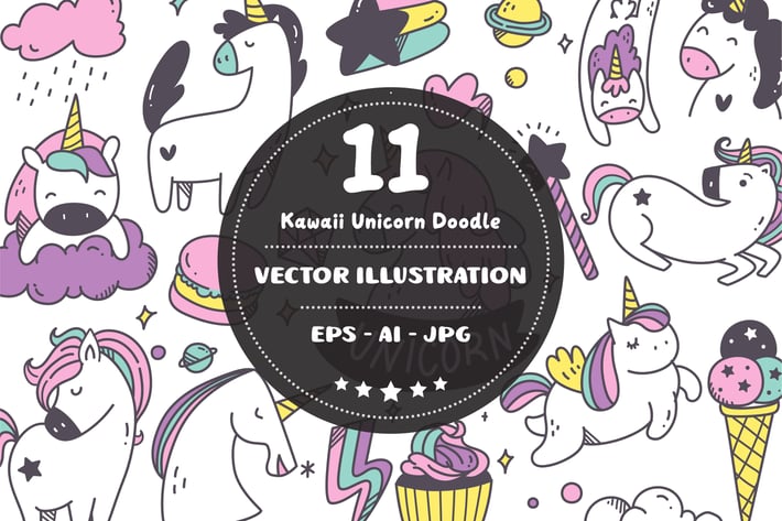 Kawaii Unicorn Doodle Set