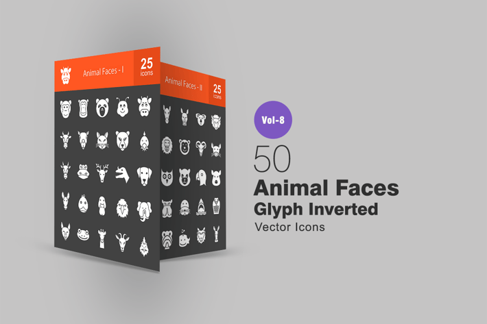 50 Animal Faces Glyph Inverted Icons