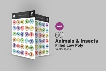 60 Animals & Insects Filled Low Poly Icons