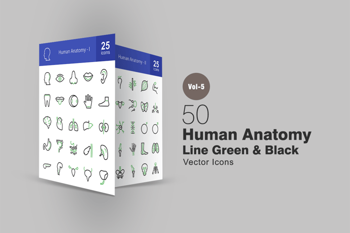 50 Human Anatomy Line Green & Black Icons