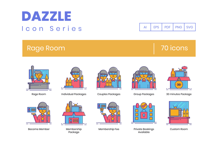70 Rage Room Line Icons 