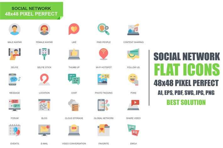 Simple Set Social Media and Network Flat Icons