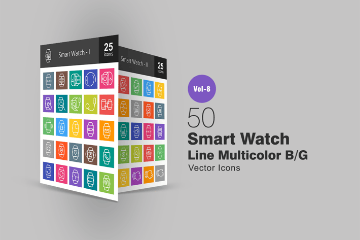 50 Smart Watch Line Multicolor B/G Icons