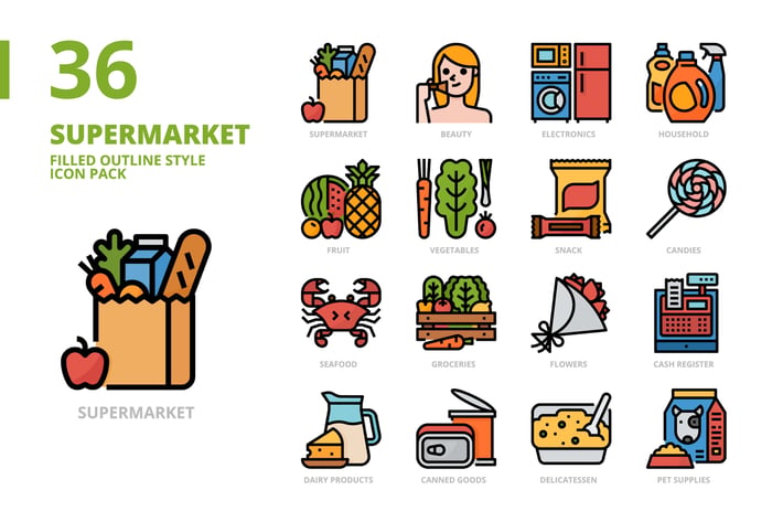 Supermarket Filled Outline Style Icon Set