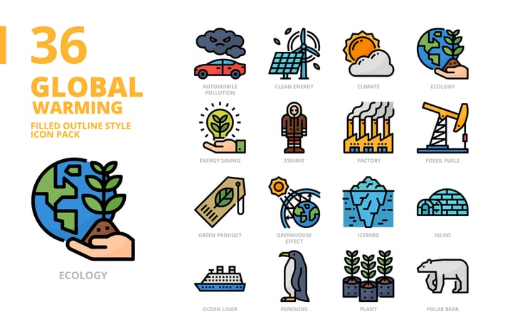 Global Warming Filled Outline Style Icon Set