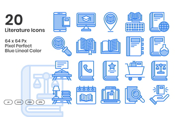 20 Literature Icons Set - Blue Lineal Color