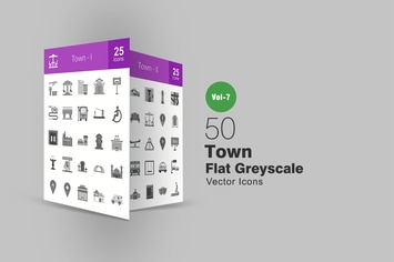 50 Town Flat Greyscale Icons