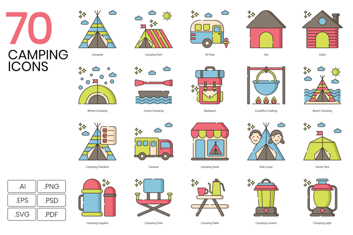 70 Camping Line Icons