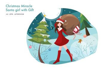 Santa Girl with Gift Vector Illustration