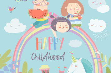 Happy kids on rainbow with magical unicorns. 